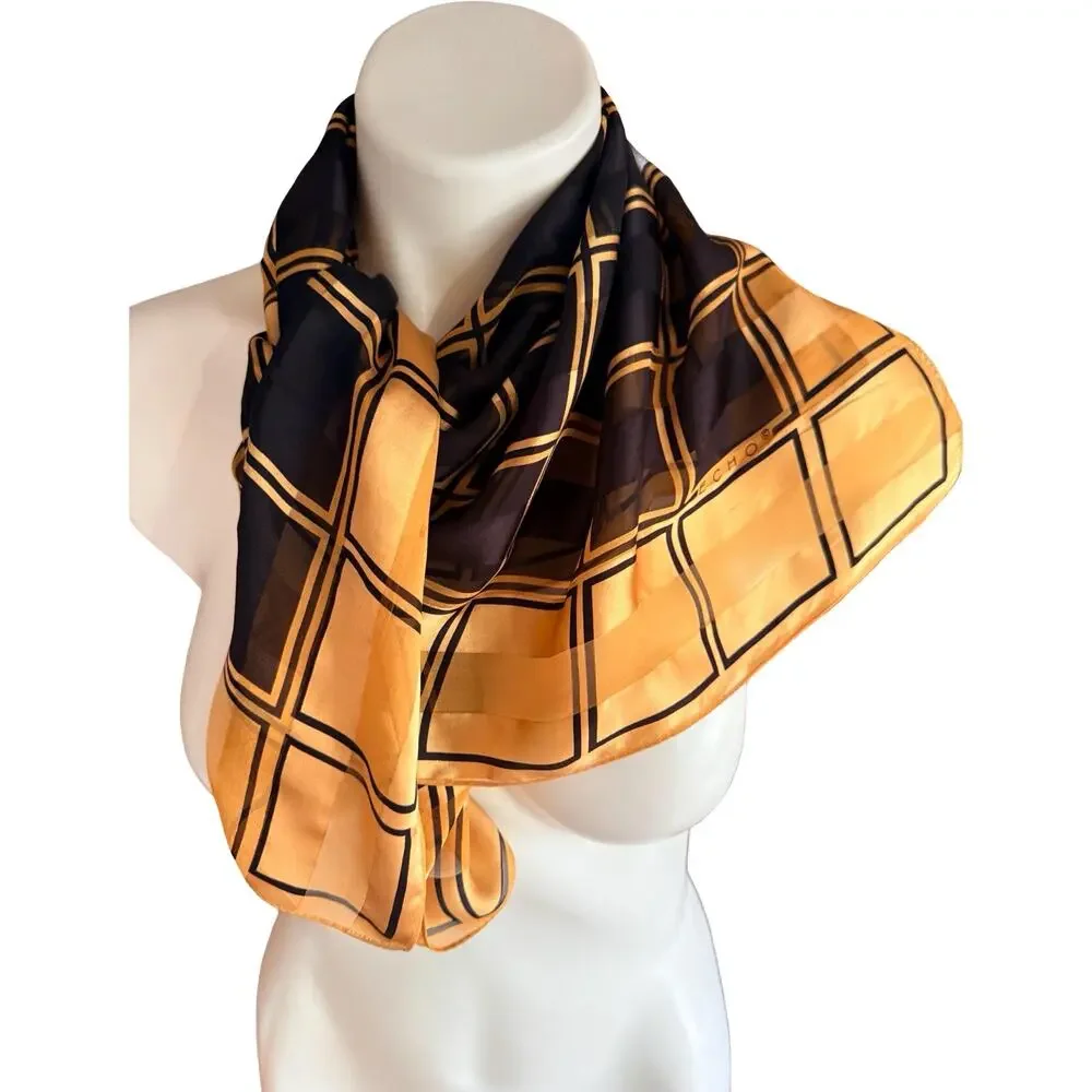 Vintage Echo Silk Scarf 1970s Navy Gold Cream Geometric Windowpane Plaid 30x30